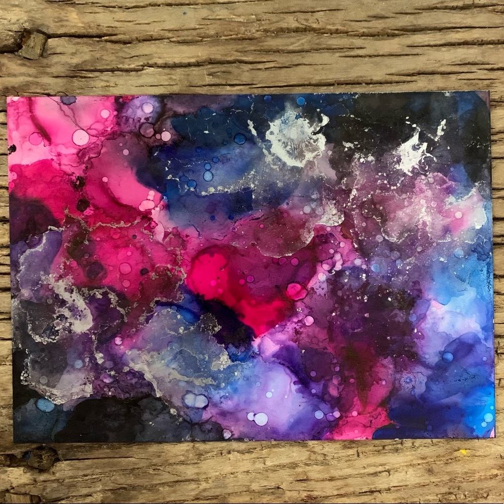 5x7” Alcohol Ink Original Painting on Yupo Paper - Blue Pink Silver Galaxy